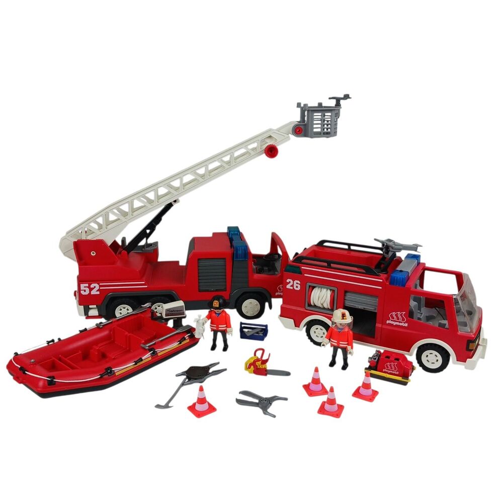 Vtg Playmobil Fire Rescue Firetruck Ladder Small Truck Emergency Dingy Boat Lot
